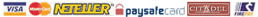 Visa, Mastercard, Neteller, Paysafecard, Citadel, Firepay